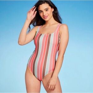 Kona Sol Pink and Brown Striped One Piece Swimsuit